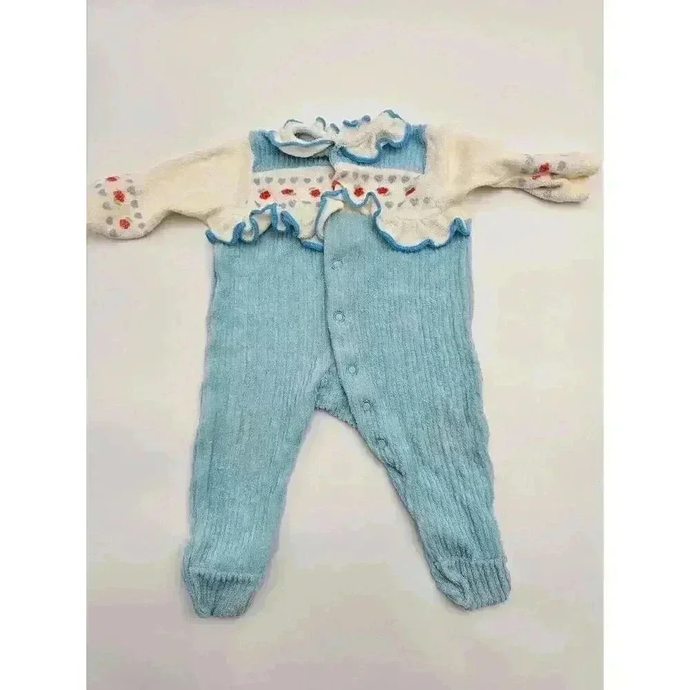 Vtg Baby Girl Blue Lot 0-2 yr One Piece Sleepers & Dress with Checkered Bonnet